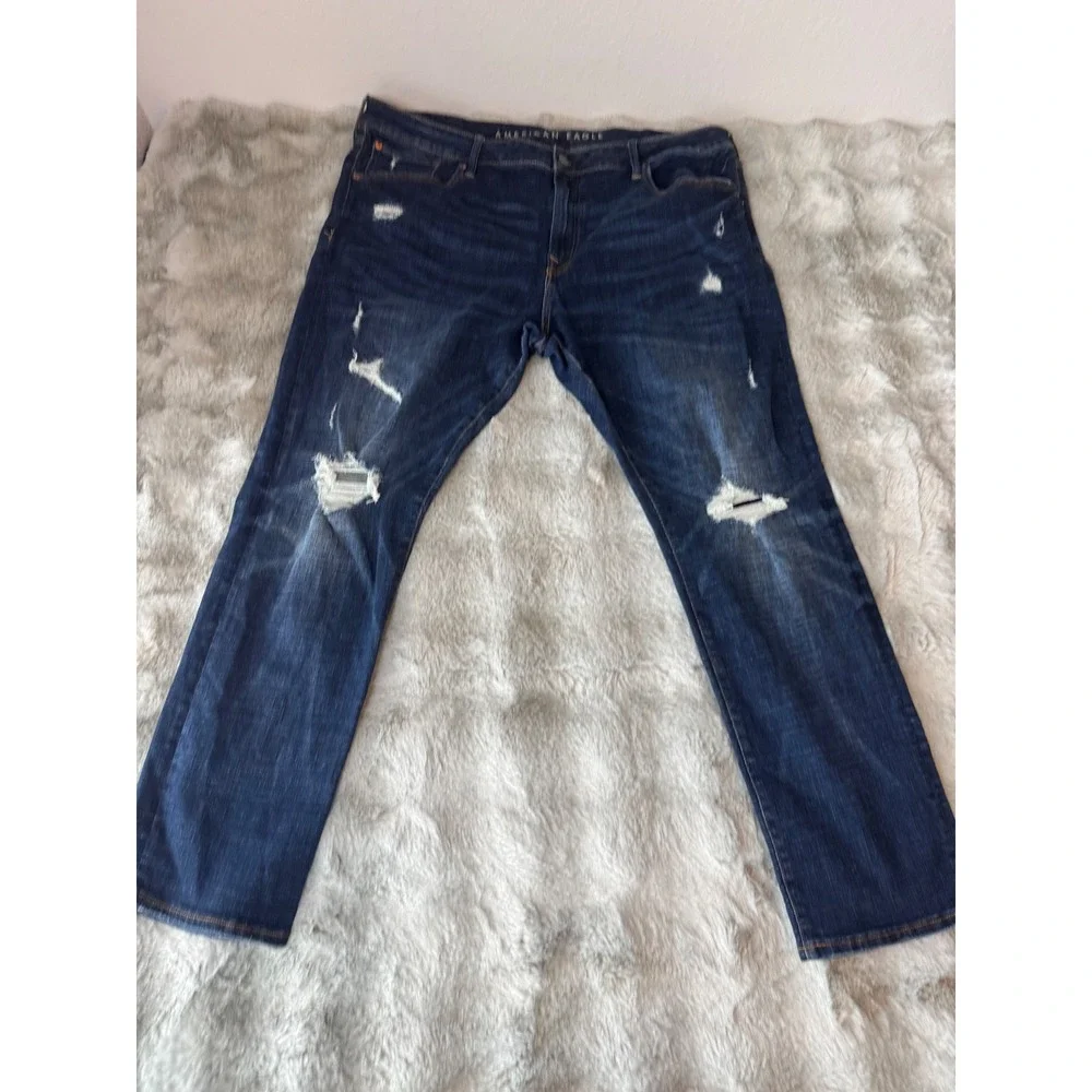 American Eagle AirFlex Slim Straight Distress Jeans Dark Wash 42x32 Indigo-0594